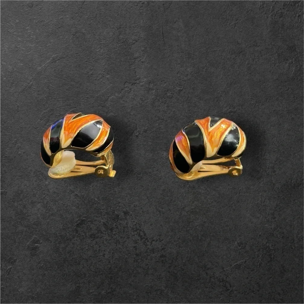 Kenneth Jay Lane Gold Tiger Stripe Half Hoop Enamel Clip Earrings